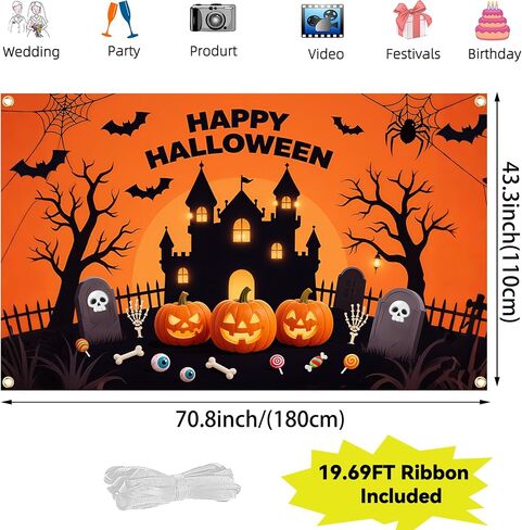 خلفية Happy Halloween - خلفية كبيرة للهالوين مقاس 71 × 43 بوصة مع شريط بطول 19.69 قدمًا | ديكورات اليقطين والأشباح للجدران والحفلات وكشك الصور in Kuwait