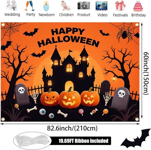 خلفية Happy Halloween - خلفية كبيرة للهالوين مقاس 71 × 43 بوصة مع شريط بطول 19.69 قدمًا | ديكورات اليقطين والأشباح للجدران والحفلات وكشك الصور in Kuwait
