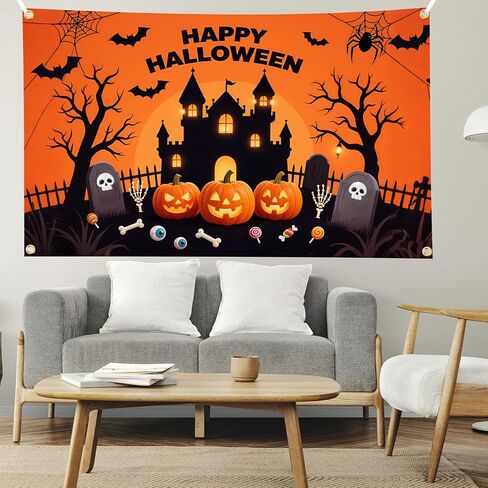 خلفية Happy Halloween - خلفية كبيرة للهالوين مقاس 71 × 43 بوصة مع شريط بطول 19.69 قدمًا | ديكورات اليقطين والأشباح للجدران والحفلات وكشك الصور in Kuwait