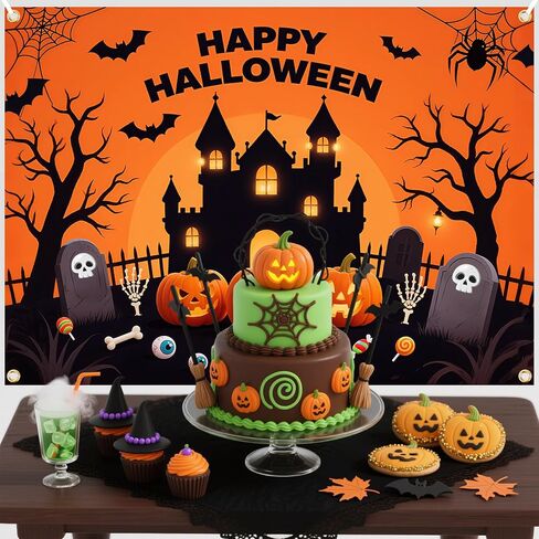خلفية Happy Halloween - خلفية كبيرة للهالوين مقاس 71 × 43 بوصة مع شريط بطول 19.69 قدمًا | ديكورات اليقطين والأشباح للجدران والحفلات وكشك الصور in Kuwait