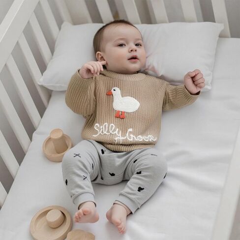 Toddler Baby Boy Girl Goose Outfits Sweater Silly Goose Embroidery Long Sleeve Sweatshirt Chunky Knit Pullover Tops in Saudi Arabia