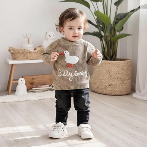 Toddler Baby Boy Girl Goose Outfits Sweater Silly Goose Embroidery Long Sleeve Sweatshirt Chunky Knit Pullover Tops in Saudi Arabia