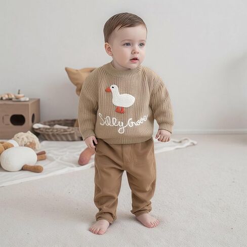 Toddler Baby Boy Girl Goose Outfits Sweater Silly Goose Embroidery Long Sleeve Sweatshirt Chunky Knit Pullover Tops in Saudi Arabia