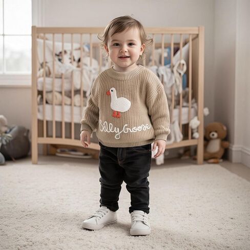 Toddler Baby Boy Girl Goose Outfits Sweater Silly Goose Embroidery Long Sleeve Sweatshirt Chunky Knit Pullover Tops in Saudi Arabia