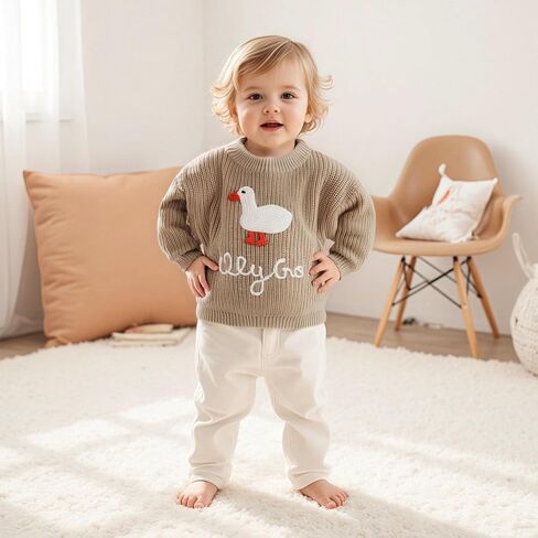 Toddler Baby Boy Girl Goose Outfits Sweater Silly Goose Embroidery Long Sleeve Sweatshirt Chunky Knit Pullover Tops in Saudi Arabia