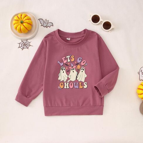 قميص شبح الهالوين للأطفال الصغار البنات Lets Go Ghouls تي شيرت برسومات للأطفال برقبة دائرية وأكمام طويلة تي شيرت للخريف in Kuwait