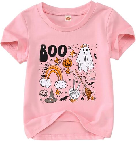 KEKEMI طفل فتاة هالوين شبح تي شيرت جرافيك طفلة اليقطين قميص قصير الأكمام بو طباعة حفلة الهالوين تي شيرت in Kuwait