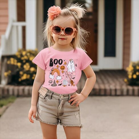 KEKEMI طفل فتاة هالوين شبح تي شيرت جرافيك طفلة اليقطين قميص قصير الأكمام بو طباعة حفلة الهالوين تي شيرت in Kuwait