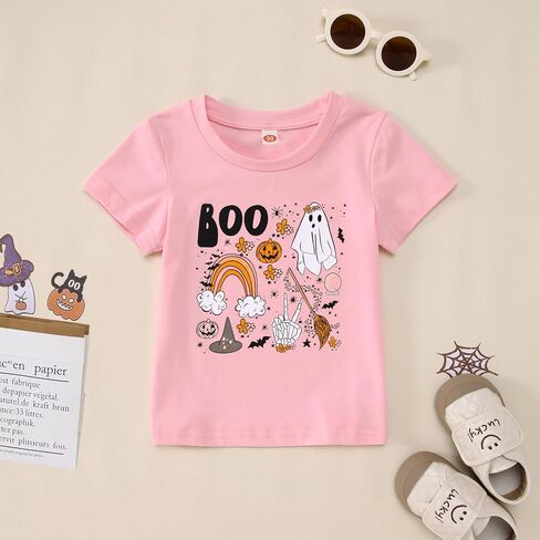KEKEMI طفل فتاة هالوين شبح تي شيرت جرافيك طفلة اليقطين قميص قصير الأكمام بو طباعة حفلة الهالوين تي شيرت in Kuwait