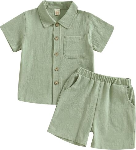 MBMSHEGH Baby Boy Cotton Linen Clothes Set Short Sleeve Button Down T-shirt Elastic Waist Shorts Summer Casual Plain Outfits in Saudi Arabia