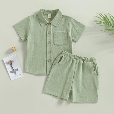 MBMSHEGH Baby Boy Cotton Linen Clothes Set Short Sleeve Button Down T-shirt Elastic Waist Shorts Summer Casual Plain Outfits in Saudi Arabia