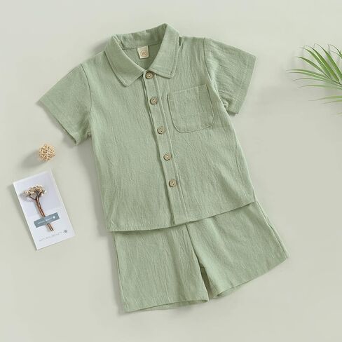 MBMSHEGH Baby Boy Cotton Linen Clothes Set Short Sleeve Button Down T-shirt Elastic Waist Shorts Summer Casual Plain Outfits in Saudi Arabia