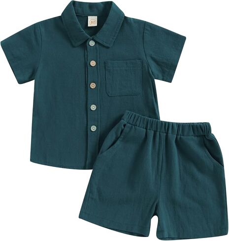 MBMSHEGH Baby Boy Cotton Linen Clothes Set Short Sleeve Button Down T-shirt Elastic Waist Shorts Summer Casual Plain Outfits in Saudi Arabia