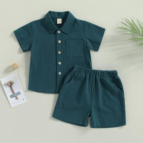 MBMSHEGH Baby Boy Cotton Linen Clothes Set Short Sleeve Button Down T-shirt Elastic Waist Shorts Summer Casual Plain Outfits in Saudi Arabia
