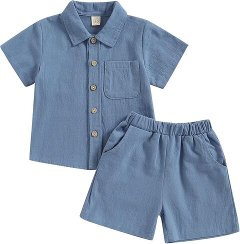 MBMSHEGH Baby Boy Cotton Linen Clothes Set Short Sleeve Button Down T-shirt Elastic Waist Shorts Summer Casual Plain Outfits in Saudi Arabia
