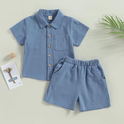 MBMSHEGH Baby Boy Cotton Linen Clothes Set Short Sleeve Button Down T-shirt Elastic Waist Shorts Summer Casual Plain Outfits in Saudi Arabia