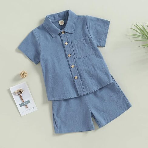 MBMSHEGH Baby Boy Cotton Linen Clothes Set Short Sleeve Button Down T-shirt Elastic Waist Shorts Summer Casual Plain Outfits in Saudi Arabia