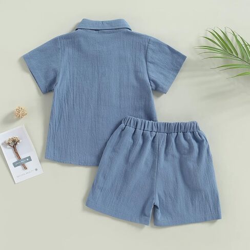 MBMSHEGH Baby Boy Cotton Linen Clothes Set Short Sleeve Button Down T-shirt Elastic Waist Shorts Summer Casual Plain Outfits in Saudi Arabia