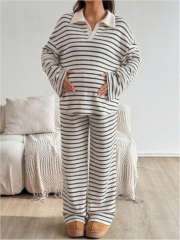 Verdusa Women Maternity Sets 2 Piece Striped Outfits Long Sleeve Sweatshirt with Lounge Pants Comfy Clothes in Saudi Arabia