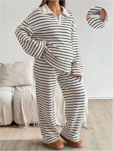 Verdusa Women Maternity Sets 2 Piece Striped Outfits Long Sleeve Sweatshirt with Lounge Pants Comfy Clothes in Saudi Arabia