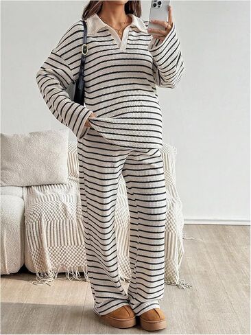 Verdusa Women Maternity Sets 2 Piece Striped Outfits Long Sleeve Sweatshirt with Lounge Pants Comfy Clothes in Saudi Arabia