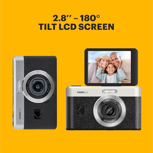 كاميرا رقمية تكبير صديقة للبيئة من Kodak PIXPRO C1 - نقطة مدمجة بدقة 13 ميجابكسل والتقاط الصور مع شاشة قلاب LCD قابلة للإمالة 2.8 بوصة 180 درجة، تصميم عتيق مع تكبير 4X وفيديو عالي الدقة 1080 بكسل للسفر ومدونات الفيديو، باللون البني in Kuwait