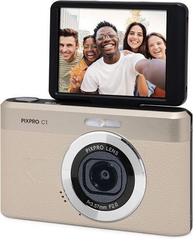 KODAK PIXPRO C1 13MP Compact Digital Camera, 26mm Fixed Lens, Tan | 1080p Full HD Video, 2.8 Inch 180 Degree Flip Screen, F2.0 Lens, Digicam, Built-in Li-Ion Battery, Selfies in Saudi Arabia