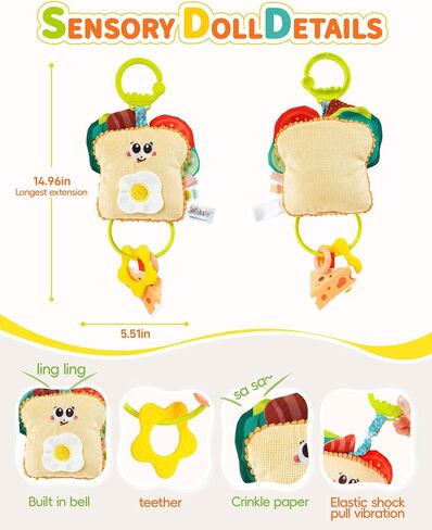 Jollybaby Baby Pull Vibration Toy - Tummy Time Sensory Hanging Toys for Car Seat, Stroller, Crib & Play Gym, with Babies Rattles & Teether, Airplane Travel Toys for Toddlers Gift- Toast in Kuwait