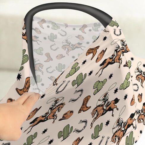 Cute Pink Cowgirl Car Seat Cover for Baby Western Cowgirls Horse Cactus Mountain Sunset Stretchy 5-in-1 Covers Adjustable Infant Carseat Canopy Cover Wild West Desert Breathable Nursing Cover-Up in Saudi Arabia