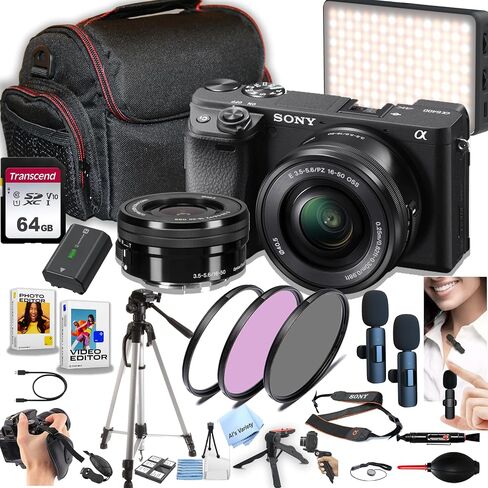 Sony a6400 Mirrorless Camera with 16-50mm Lens + 64GB Memory, Wireless Lavalier Microphones, Case, Gripster Tripod, Filters, LED Video Light and More (28pc Camera Bundle) in Saudi Arabia
