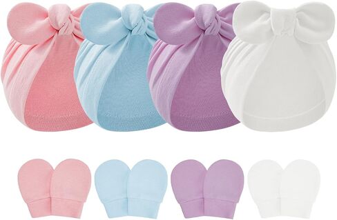 Zando 4PCS Big Bow Baby Hats and Mittens Newborn Hat Essentials Cotton Infant Hospital Hat Baby Turban for Girls Boys 0-2T in Saudi Arabia