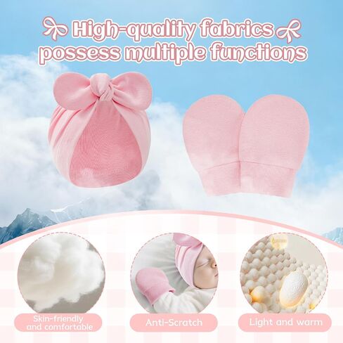 Zando 4PCS Big Bow Baby Hats and Mittens Newborn Hat Essentials Cotton Infant Hospital Hat Baby Turban for Girls Boys 0-2T in Saudi Arabia