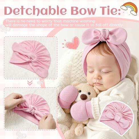 Zando 4PCS Big Bow Baby Hats and Mittens Newborn Hat Essentials Cotton Infant Hospital Hat Baby Turban for Girls Boys 0-2T in Saudi Arabia
