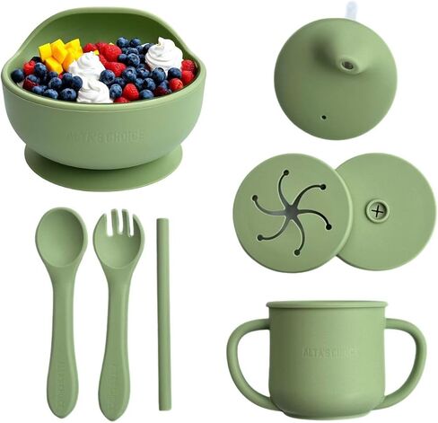 ALTA'S CHOICE Silicone Baby and Toddler Feeding Set. Baby essentials. BPA free baby led weaning feeding supplies. Suction bowl, spoon, fork, sippy cup, snack and straw lid. For kids 6+ months. in Saudi Arabia