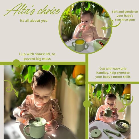 ALTA'S CHOICE Silicone Baby and Toddler Feeding Set. Baby essentials. BPA free baby led weaning feeding supplies. Suction bowl, spoon, fork, sippy cup, snack and straw lid. For kids 6+ months. in Saudi Arabia
