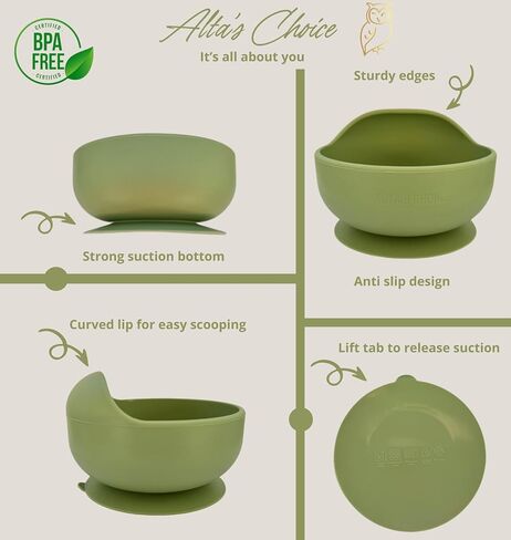 ALTA'S CHOICE Silicone Baby and Toddler Feeding Set. Baby essentials. BPA free baby led weaning feeding supplies. Suction bowl, spoon, fork, sippy cup, snack and straw lid. For kids 6+ months. in Saudi Arabia