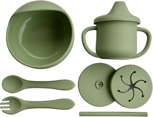 ALTA'S CHOICE Silicone Baby and Toddler Feeding Set. Baby essentials. BPA free baby led weaning feeding supplies. Suction bowl, spoon, fork, sippy cup, snack and straw lid. For kids 6+ months. in Saudi Arabia