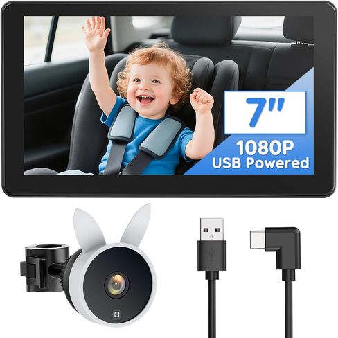 BV4 7" Baby Car Camera, IPS 1080P HD Display with AUTO IR Night Vision, USB Powered Plug & Play Backseat Camera for Baby, Adjustable Brightness, Must Haves for New Parents & Pets Lover in Kuwait