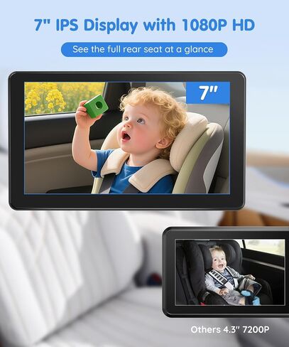 BV4 7" Baby Car Camera, IPS 1080P HD Display with AUTO IR Night Vision, USB Powered Plug & Play Backseat Camera for Baby, Adjustable Brightness, Must Haves for New Parents & Pets Lover in Kuwait