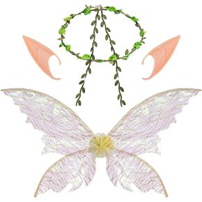 Yolyoo Fairy Wings Costume Girls Angel Wings Fairy Wings Sparkling Sheer Wings Elf Ears for Women Adults Butterfly Wings for Birthday Halloween Dress up
