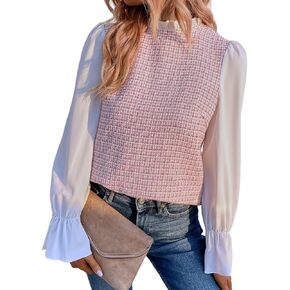 Floerns Women's Flounce Long Sleeve 2 in 1 Mock Neck Plaid Print Blouse Top