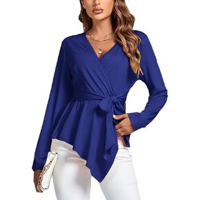 Rooscier Women's Wrap V Neck Tie Waist Peplum Ruffle Hem Long Sleeve Blouse Top Shirt in Saudi Arabia