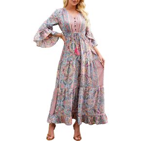SDEER Women's Floral Print Bohemian Dress V Neck Flare Sleeve High Waist Swing Long Dress Beach Vacation Dresses