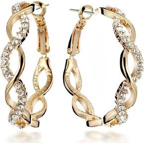 Gemini Women Gold Plated Crystal Round Big Hoop Pierced Earring birthday Gift Sz 4cm Diameter (Yellow Gold)