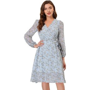 Allegra K Women's Chiffon Floral V Neck Tie Waist Bishop Sleeve Casual Wrap Midi Dress
