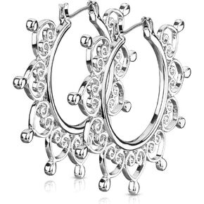 Forbidden Body Jewelry Heart Filigree Earrings, Filigree Earrings Silver Tone, Filigree Earring, 2 inch Women's Filigree Earrings Hoops, Surgical Steel Posts.
