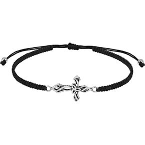 AeraVida Vintage Inspired Religious Christian Cross .925 Sterling Silver Charm on Cotton Rope Adjustable Pull Slide Bracelet