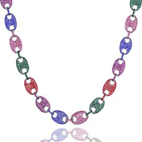 Apzzic 13mm Iced Out Miami Cuban Link Coffee Bean Chain Gold Plated Rainbow Multicolor Lab Diamond Full CZ Choker Necklace Bracelet for Men Women