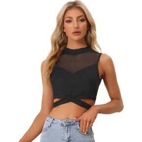 Allegra K Crop Tank Top for Women Solid Mesh Sheer Sleeveless Waist Cross Camisole Tops