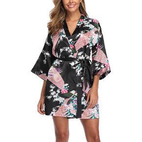 UrHot Women's Floral Kimono Satin Short Robe Peacock and Blossom Soft Bathrobe for Wedding Party Getting Ready